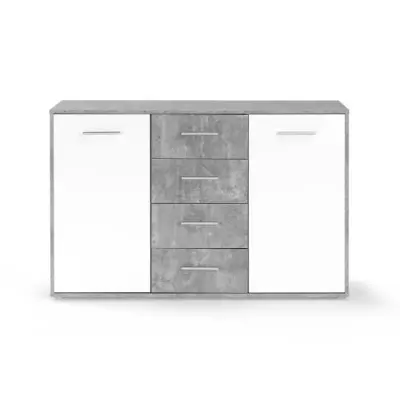 Buffet bas PILVI - Blanc/béton clair - 2 portes et 4 tiroirs