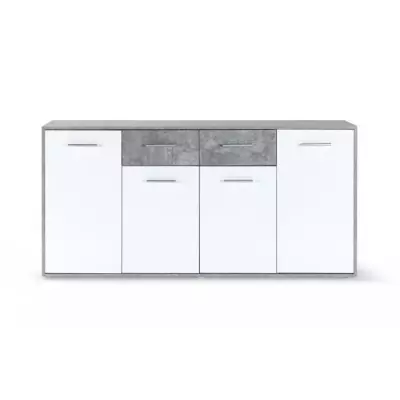 Buffet bas PILVI - Blanc et béton clair - 4 portes et 2 tiroirs