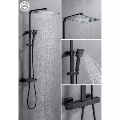 Colonne de douche OCEANIC - Mitigeur thermostatique - Pomme haute carrée 30x30 cm - Noir mat - Design élégant