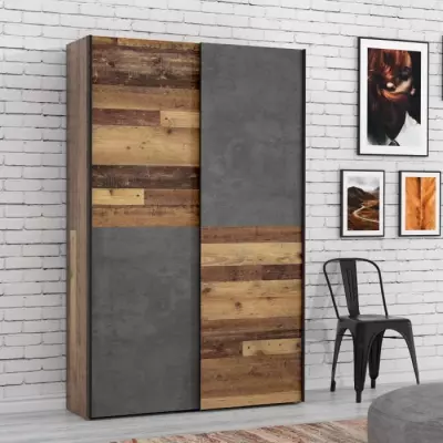 Armoire 2 portes coulissantes multifonction en bois et béton gris - OZZUL