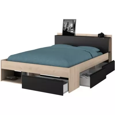 Lit adulte COMBO 140x190/200 cm - Chene et noir - Fabriqué en France - 3 tiroirs