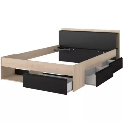 Lit adulte COMBO 140x190/200 cm - Chene et noir - Fabriqué en France - 3 tiroirs