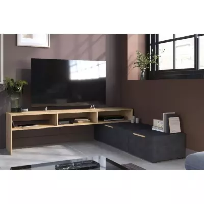 Meuble TV RAW - Chene et Steam Black - 1 abattant + 1 tiroir