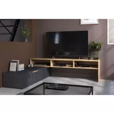 Meuble TV RAW - Chene et Steam Black - 1 abattant + 1 tiroir