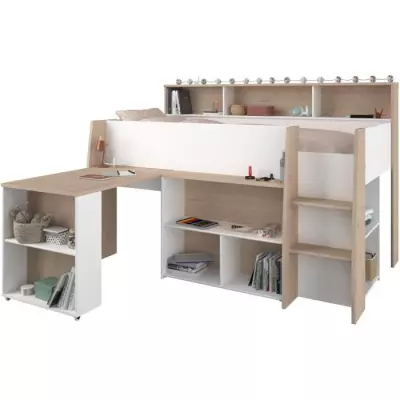 Lit combiné enfant THEO avec bureau rétractable - Blanc/chêne - 90x200 cm - Sommier inclus