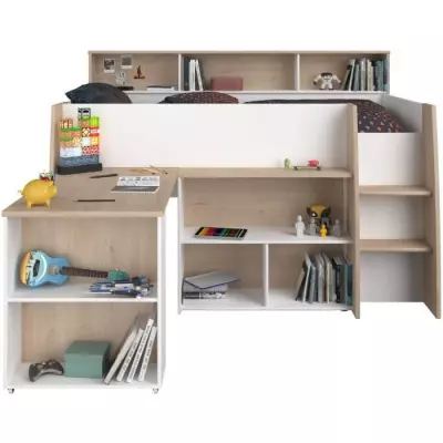 Lit combiné enfant THEO avec bureau rétractable - Blanc/chêne - 90x200 cm - Sommier inclus