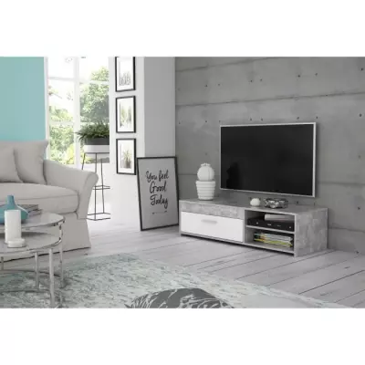 Meuble TV Pilvi - Blanc et béton clair - Éco-friendly - L 120 x P 42,1 x H 31,8 cm