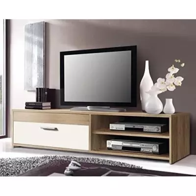 Meuble TV PILVI - Style contemporain - Chêne et blanc - 1 abattant + 2 niches