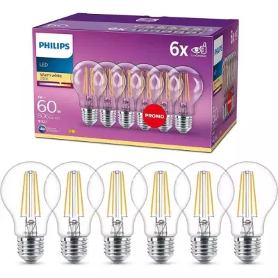 Philips: 6 ampoules E27 LED transparentes 60W, blanc chaud