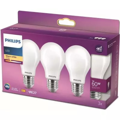 Ampoules LED Philips - Pack de 3 - Blanc chaud - 60W
