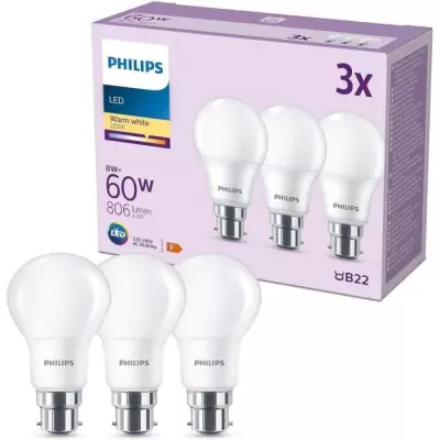 Ampoule LED Philips 60W B22 Blanc Chaud - Lot de 3