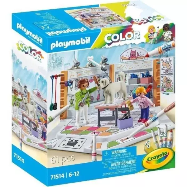 PLAYMOBIL Color 71514 Salon de toilettage, Crayons Crayola pour dessiner sur les personnages, 61 pieces, Des 5 ans