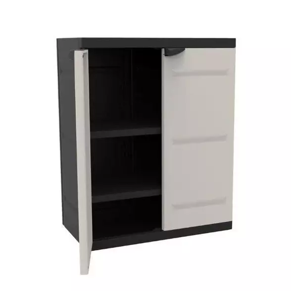 Armoire basse 2 portes TITANIUM PLASTIKEN avec étageres - Beige et Noire - Intérieur/Extérieur