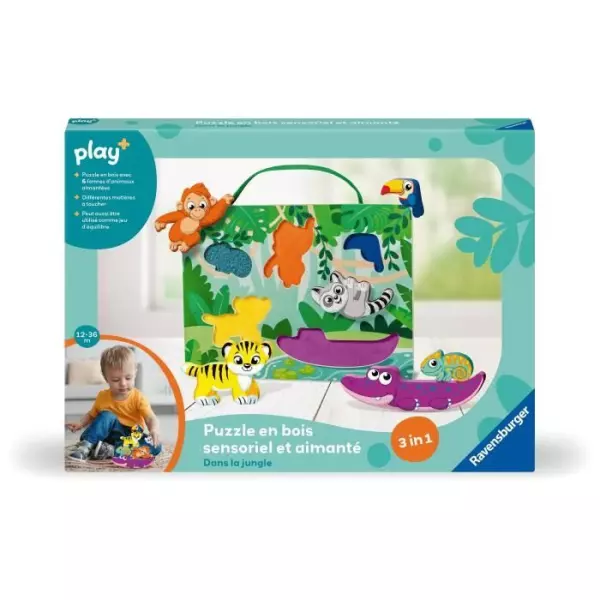 Ravensburger play+, Puzzle en bois sensoriel et aimanté - Dans la jungle , 6-36 mois, Premier âge, bébé