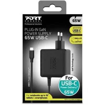 Alimentation secteur PC portable - PORT DESIGNS - GaN2 - 65W - 1,5 m - USB-C - Noir