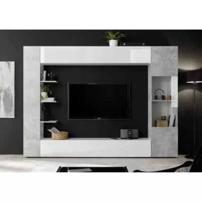 Composition murale TV SIENNA - Design laqué blanc et béton - L295 x P30 x H187 cm