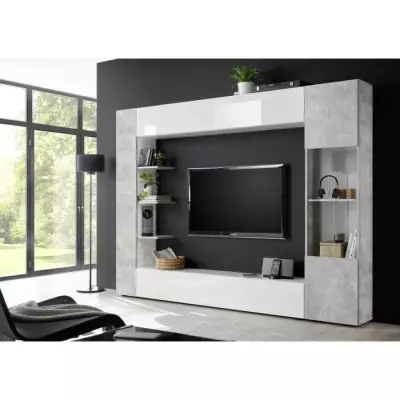 Composition murale TV SIENNA - Design laqué blanc et béton - L295 x P30 x H187 cm