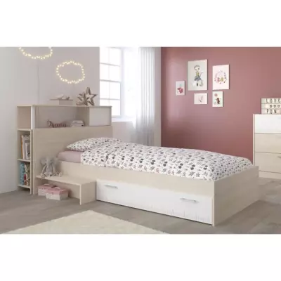 Ensemble lit + tête de lit avec rangement - Style contemporain - Décor acacia clair et blanc
