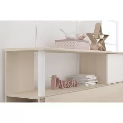 Ensemble lit + tête de lit avec rangement - Style contemporain - Décor acacia clair et blanc