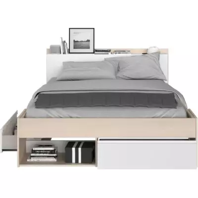 Lit adulte COMBO 160x200 cm - Chêne et blanc - 3 Tiroirs - Fabriqué en France