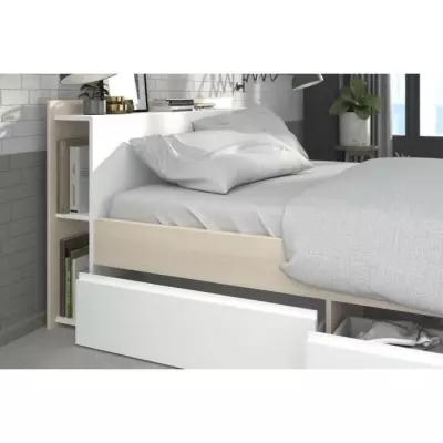 Lit adulte COMBO 160x200 cm - Chêne et blanc - 3 Tiroirs - Fabriqué en France