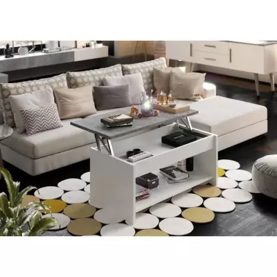 Table basse relevable blanc et gris béton - L100cm x P50 x H44cm