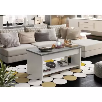 Table basse relevable blanc et gris béton - L100cm x P50 x H44cm