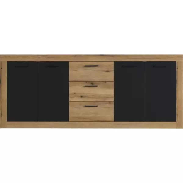 Buffet INDUS Mélaminé chene et noir - 4 portes + 3 tiroirs - Style industriel - L 206 x P 45 x H 83,5 cm STONE