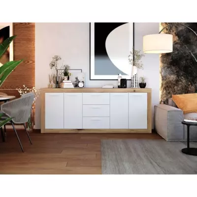 Buffet Mélamine Chêne Rustique et Blanc Mat - Spacieux et Élégant