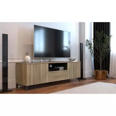 Meuble TV LINEAS - Chêne mélaminé - 2 portes + 1 tiroir - Design responsable