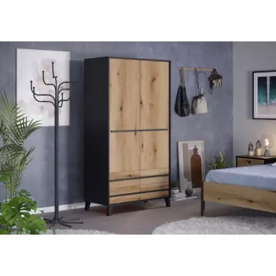 Armoire HEKA 2 portes + 4 tiroirs - Décor noir/chene - L100 x P50 x H180 - Espagne