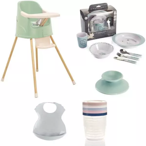 Pack Repas YOUPLA - Thermobaby - Chaise haute - Coffret vaisselle - 5 boîtes de conservation - Bavoir semi-rigide