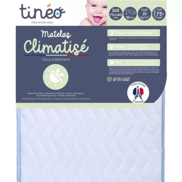 Matelas Climatisé TINEO 70x140x10cm - Climatisé - 1 Face Été - 1 Face Hiver - Sans Traitement - Fabriqué En France