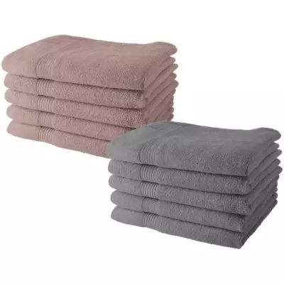 Lot de 10 serviettes de Toilette TODAY 50x90 cm 100% Coton - Assortiment 5 roses des sables + 5 acier