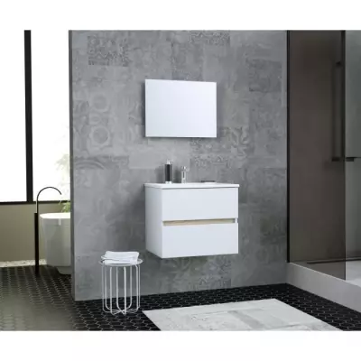 TOTEM SdB 60cm - 2 tiroirs Ralenties - Vasque Céramique + Miroir