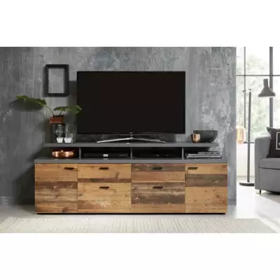 Meuble TV MOOD 2 portes et 2 tiroirs - Bois vieilli et gris mat