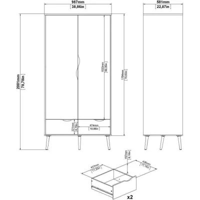 Armoire Chambre Blanc/Chene 2 Portes 2 Tiroirs 