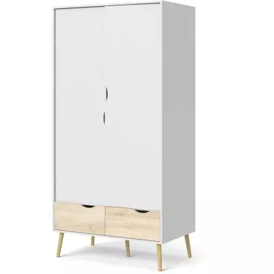 Armoire Chambre Blanc/Chene 2 Portes 2 Tiroirs 