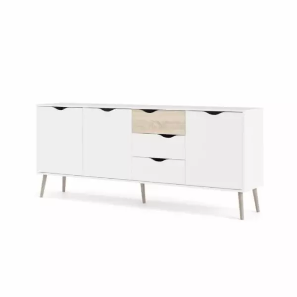 Buffet - Blanc / Chene - 3 portes / 3 tiroirs - Pietement évasé en bois massif - 195,7 x 39,1 x 81,7 cm