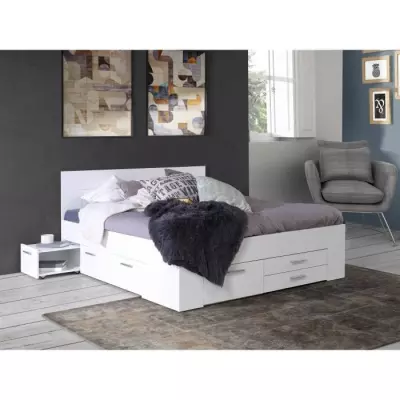 Lit adulte contemporain avec rangement 160x200 cm - Décor Blanc mat - UDINE Lit adulte contemporain avec rangement 160x200 cm - Décor Blanc mat - UDINE