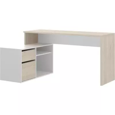 Bureau d'angle réversible avec rangement - Décor chene et blanc - Essentiel - 