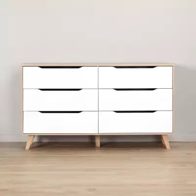 Commode 6 tiroirs chene et blanc - Style contemporain