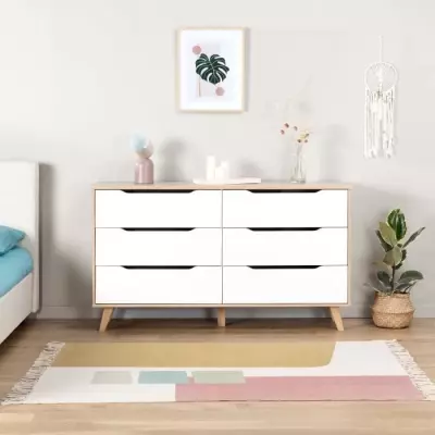 Commode 6 tiroirs chene et blanc - Style contemporain