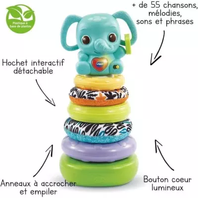 Jouet VTECH BABY - Nino, Éléphanteau Empilo 3 en 1 (Plastique Bio)