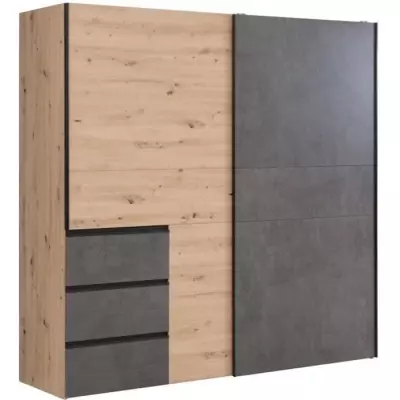 Armoire 2 portes coulissantes et 3 tiroirs - Décor chêne artisan et béton gris