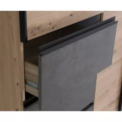 Armoire 2 portes coulissantes et 3 tiroirs - Décor chêne artisan et béton gris