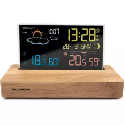 Réveil station météo THOMSON - Bois foncé - Double alarme, USB-C