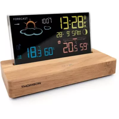 Réveil station météo THOMSON - Bois foncé - Double alarme, USB-C