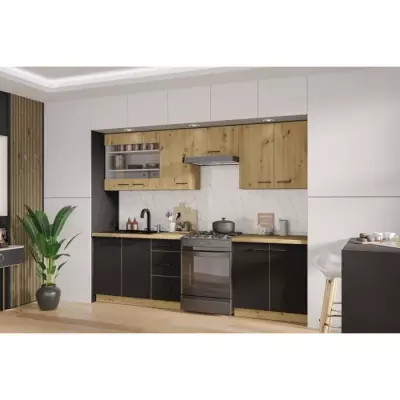 Cuisine complète MODENA - 260 cm - Chêne artisan / Noir mat
