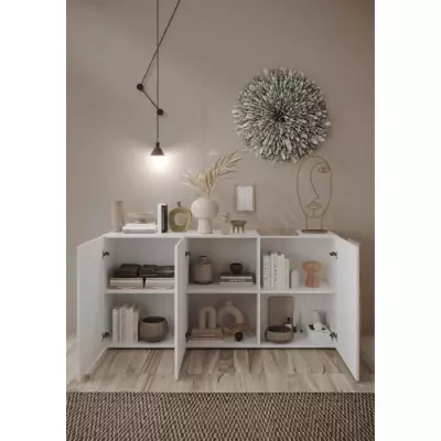 Buffet VENEZIA - Blanc laqué et chêne Cadiz - L 181 x P 44 x H 84 cm